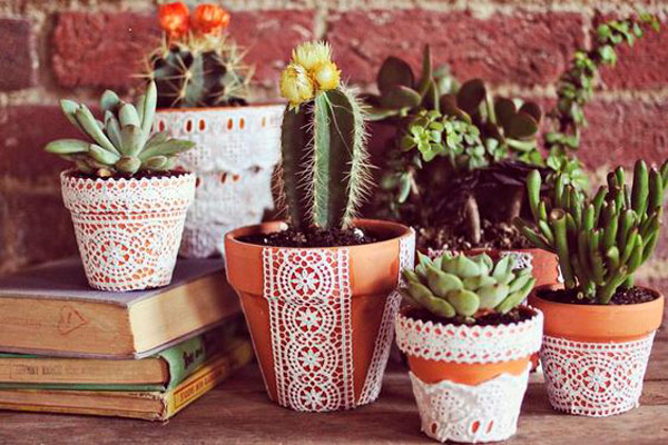 DIY vasos de baro decoração renda suculentas e cactos
